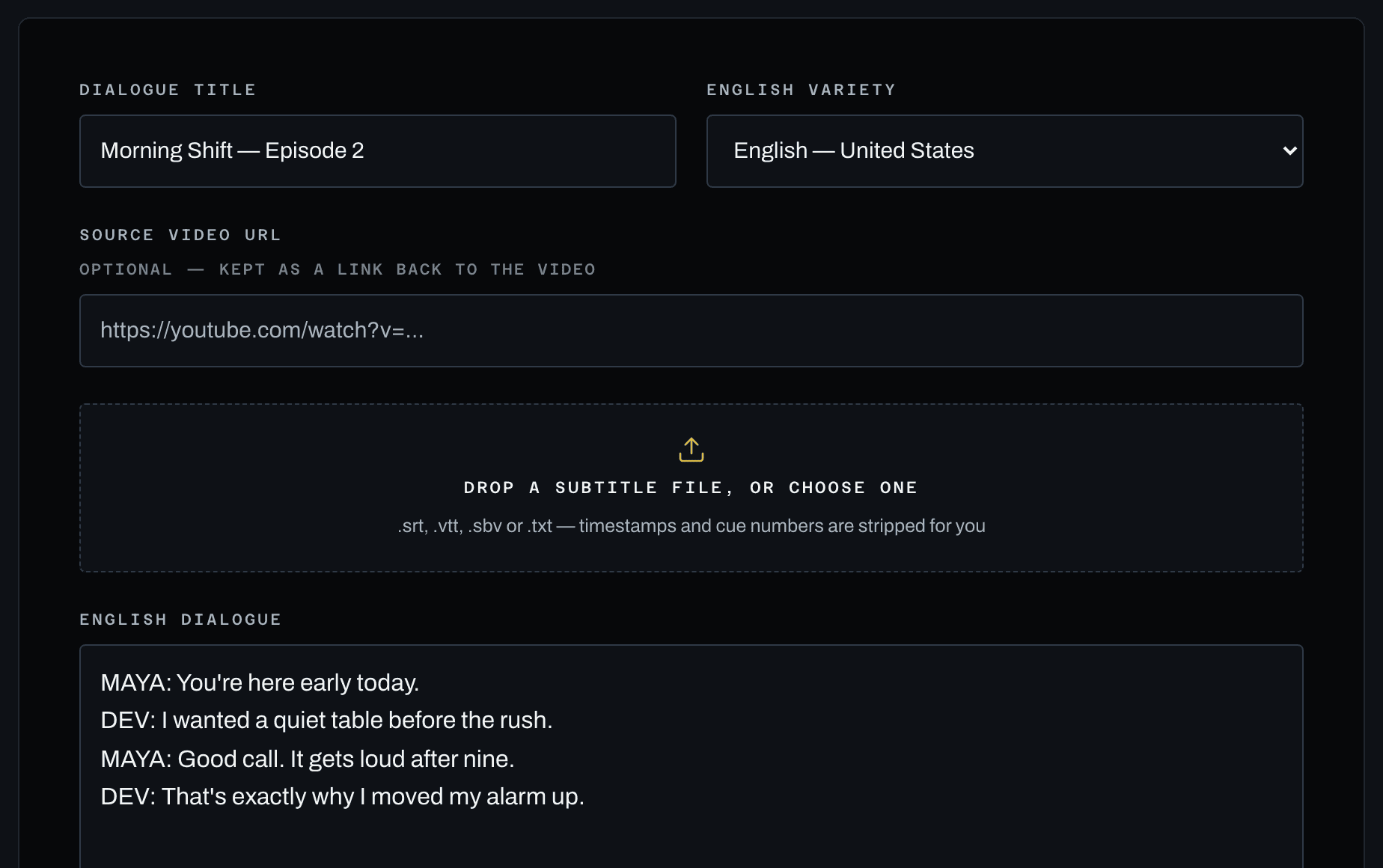 The import screen with a four-line coffee-shop dialogue pasted in, above a drop zone for subtitle files.